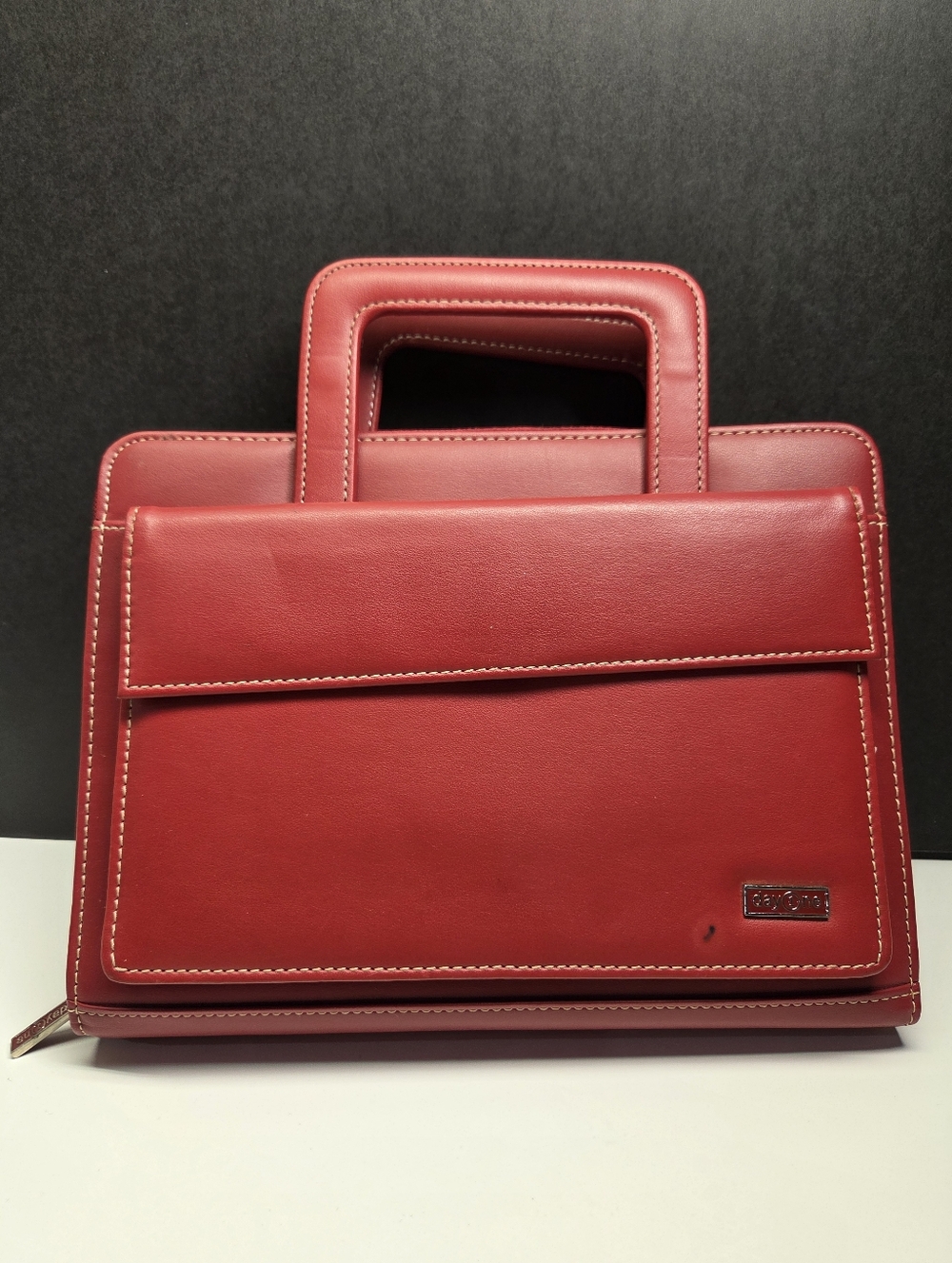 Day One Franklin Covey Red Leather 7 Ring Planner w/ Retractable Handles Vintage